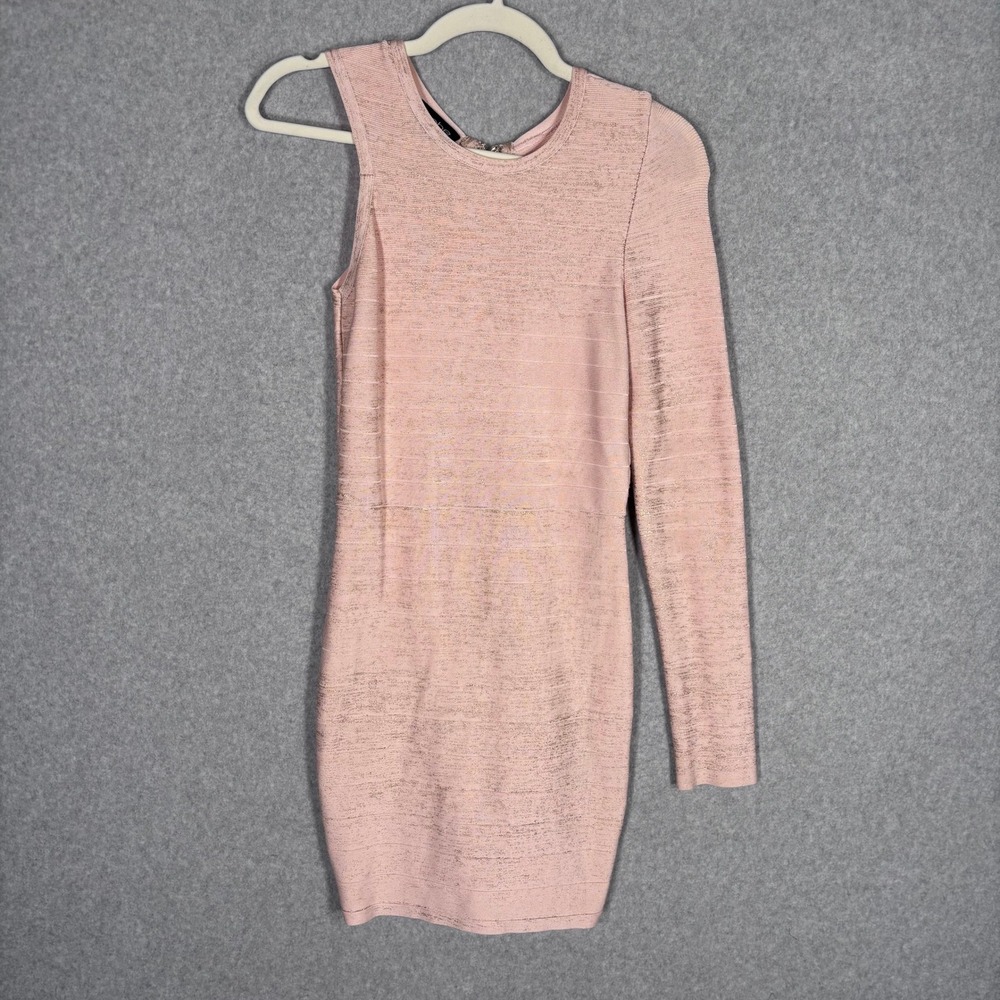 Bebe Knit Metallic Bandage Mini Dress Medium Pink One Shoulder Bodycon Shimmer